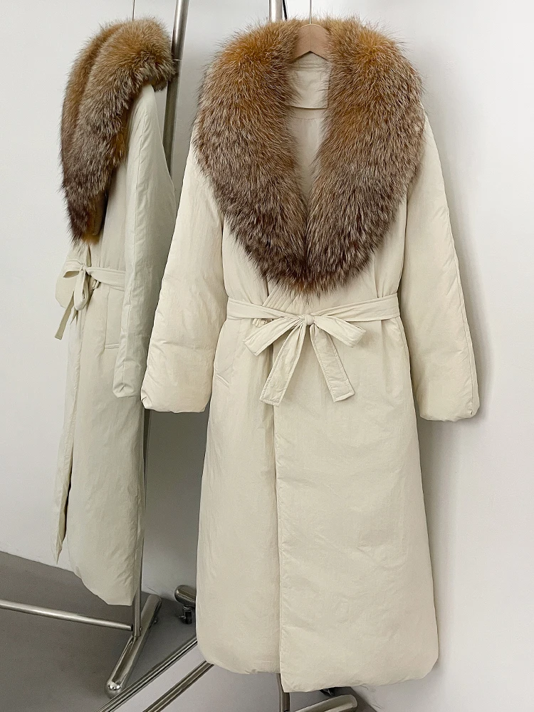 MENINA Echter Fuchspelzkragen, flauschige Pufferjacke, weiblich, 2025, lange Winter-Daunenkleidung, Damen, verdickt, warm, weiße Ente, Daunenmantel