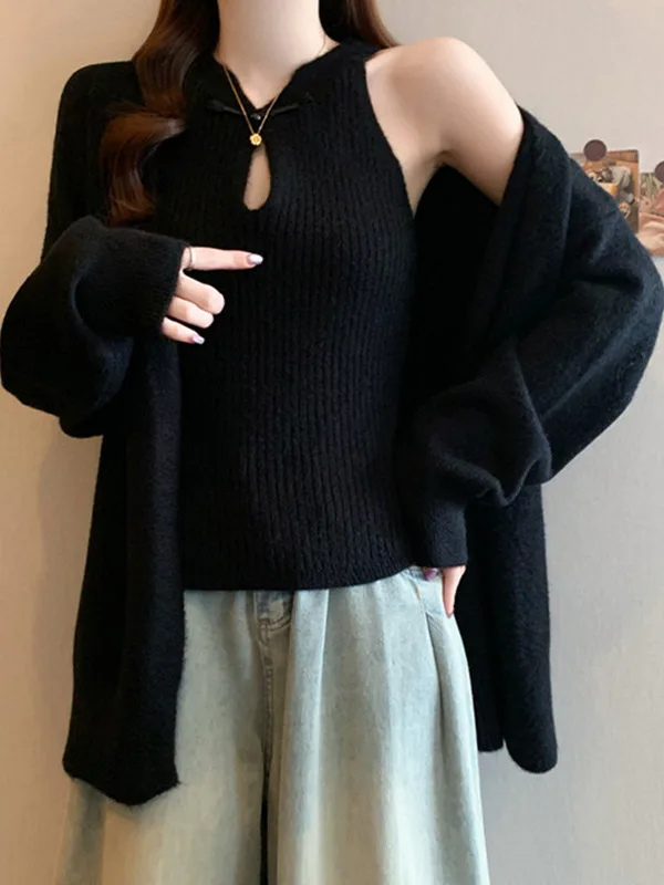 

New Chinese Sle Knitted Vest Women's Autumn Winter Loose Fit Inner Wear Button up Sweater Cardigan Two Piece Set plus Size