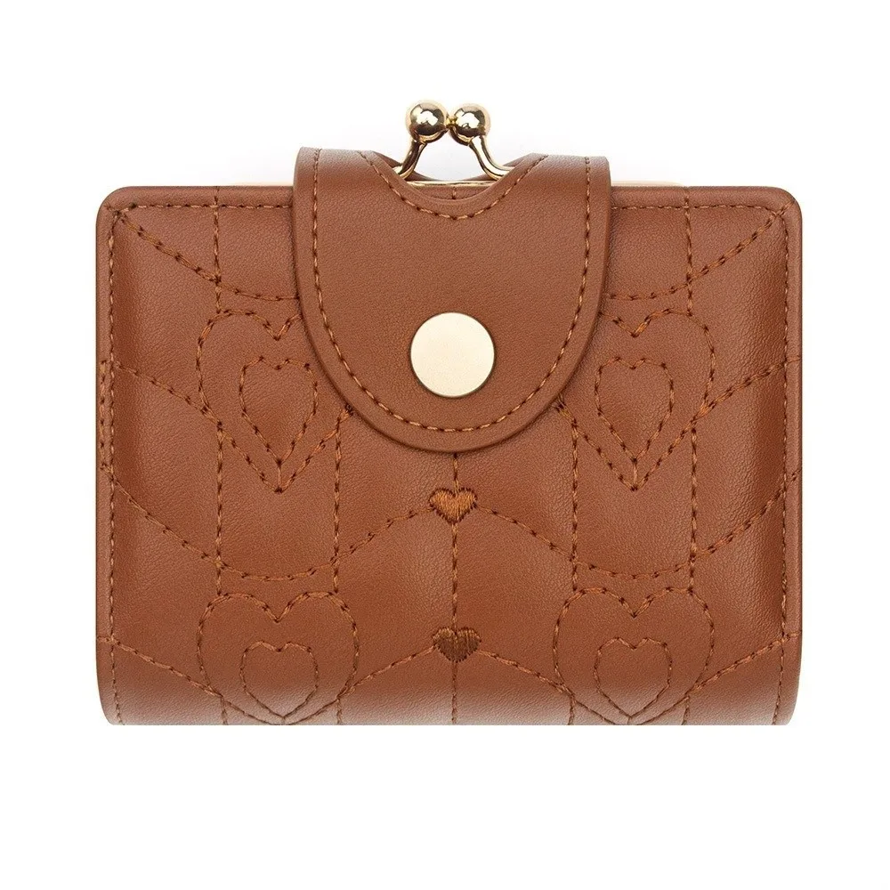 Fashion PU Leather Short Wallet Multi Card Slots Large Capacity Money Bag Cute Love Embroidery Card Holder for Women Girls
