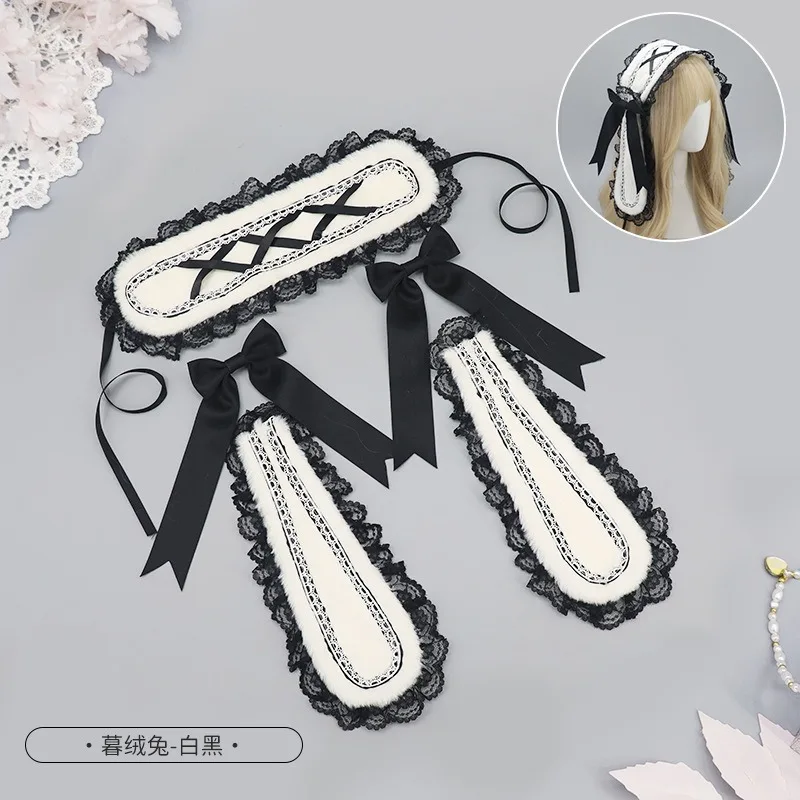 Ribbon Bow Hairband with Hairpins Girls Lolita Ruffled Headband Cute Rabbit Ear headdress hair accessories maid headband