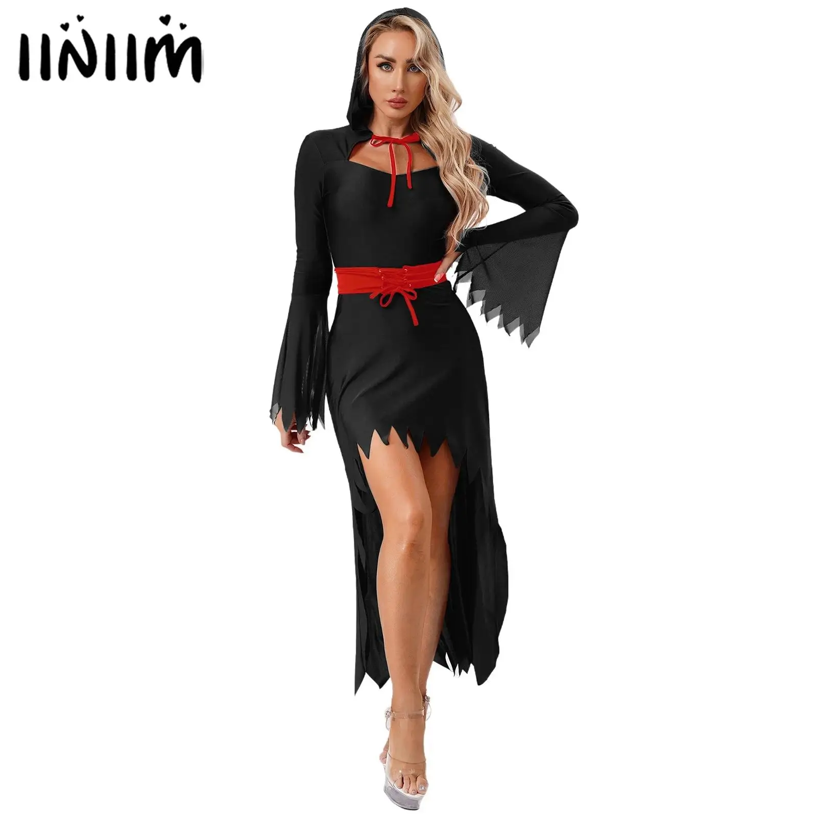 

Womens Devil Demon Cosplay Costume Dementors Ghost Dress And Waist Belt Flared Jagged Trims Hooded Dress Halloween Outfits