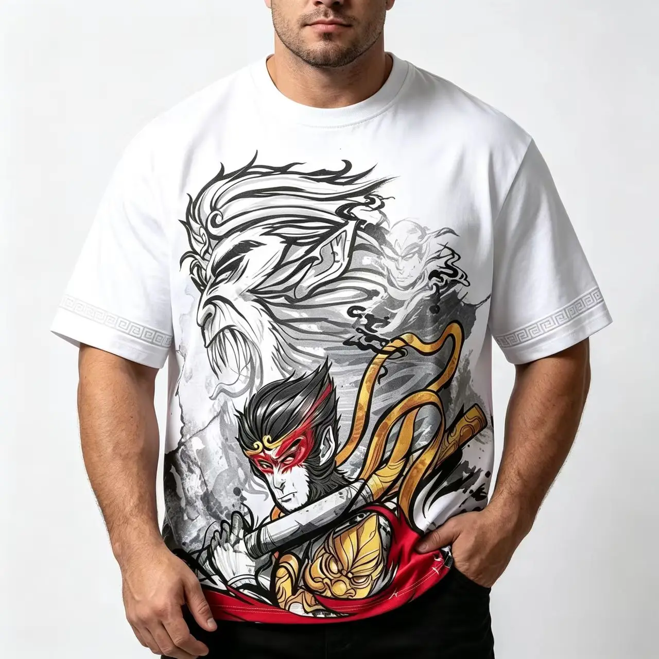 China-Chic printed short sleeve T-shirt Classic mythical figure printed men's and women's loose large round neck casual T-shirt