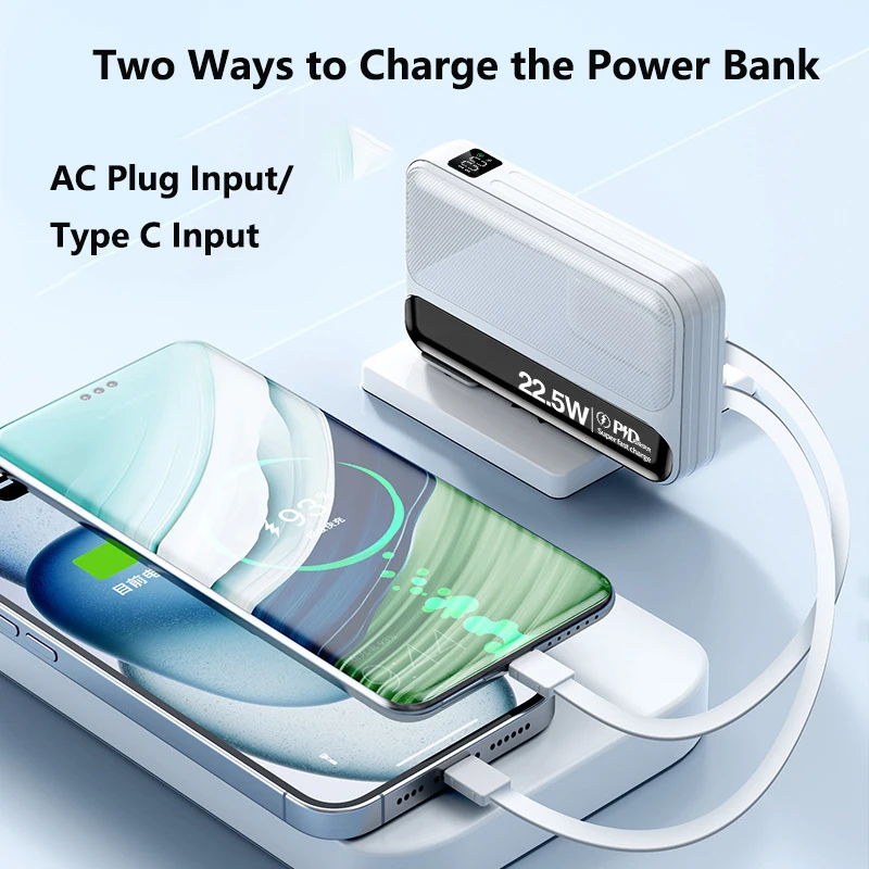 Power Bank 20000mAh With Cable Plug Wall Charger 22.5W Fast Charging Powerbank for iPhone Samsung Huawei Xiaomi External Battery