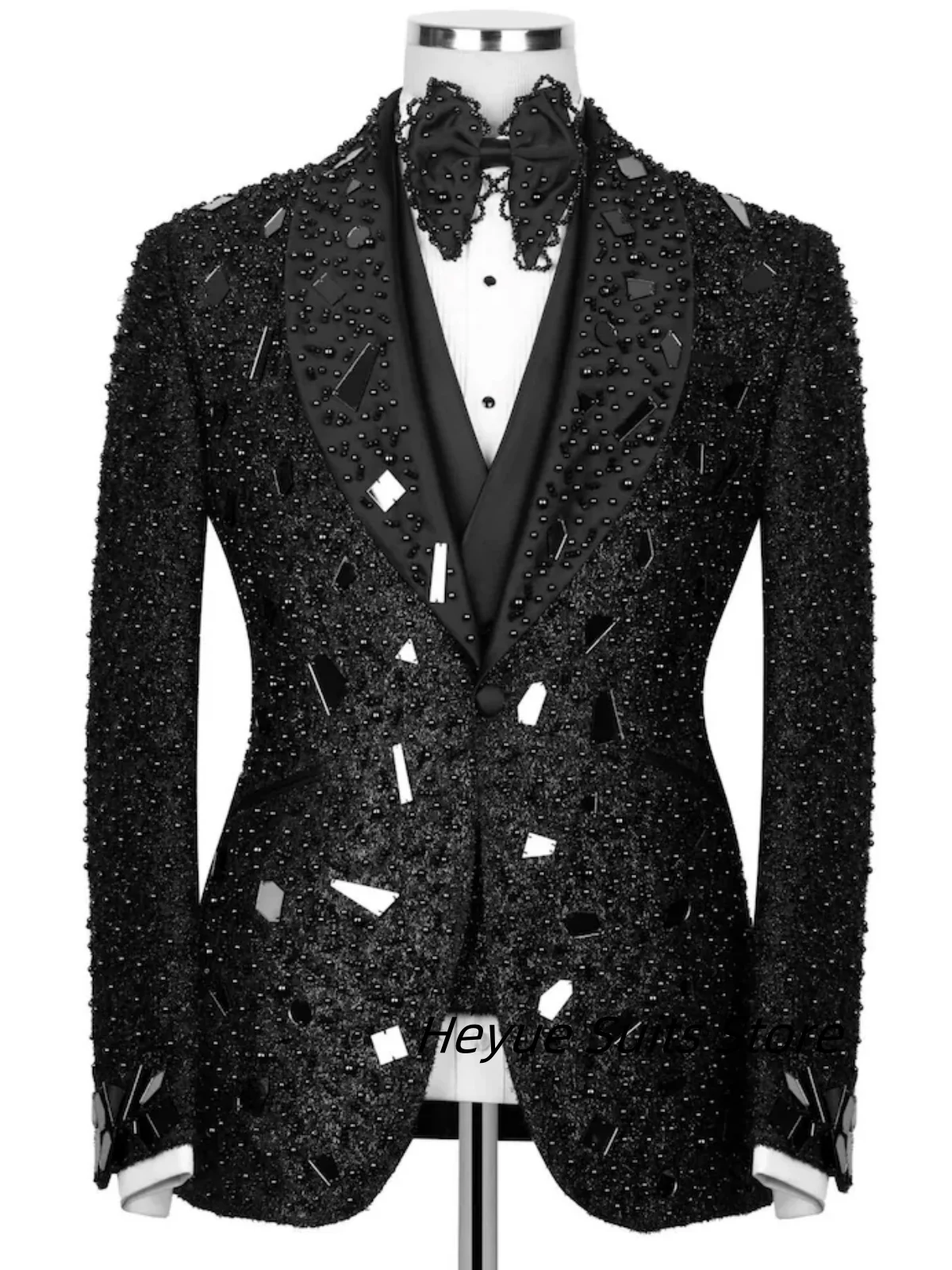 Fashion Embroidery Beads Men Suits Slim Fit Shawl Lapel Groom Tuxedos Dinner Party Male Prom Blazers Wedding Costumes Homme