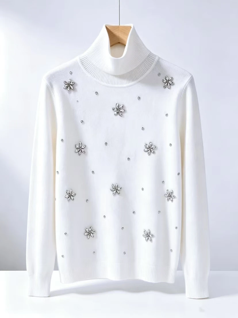 Luxury Handmade Sparkle Diamonds Stitch Turtleneck White Gray Sweater for Women Autumn/Winter Knitwear Bottoming Pullovers Femme