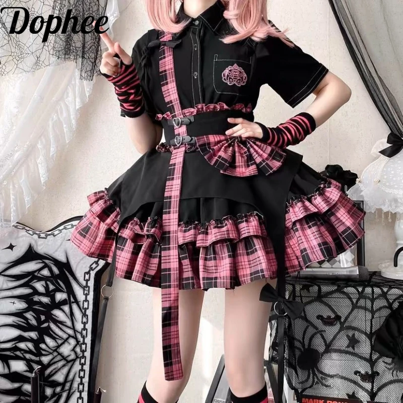 

Dophee Original Dark Grid Splicing Young Girl SK Singing Costume Gothic Lolita Elegant Bow Ruffles Short A-line Mini Skirts