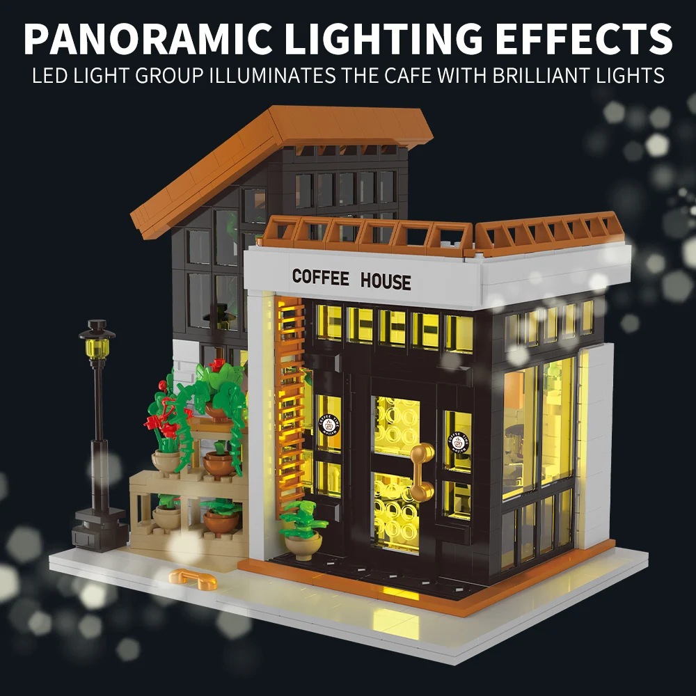 City Cafe Building Toy Set,1347pcs Mini Brick with LED,Modular Coffee Shop Building Blocks Halloween Xmas Gift for Adults