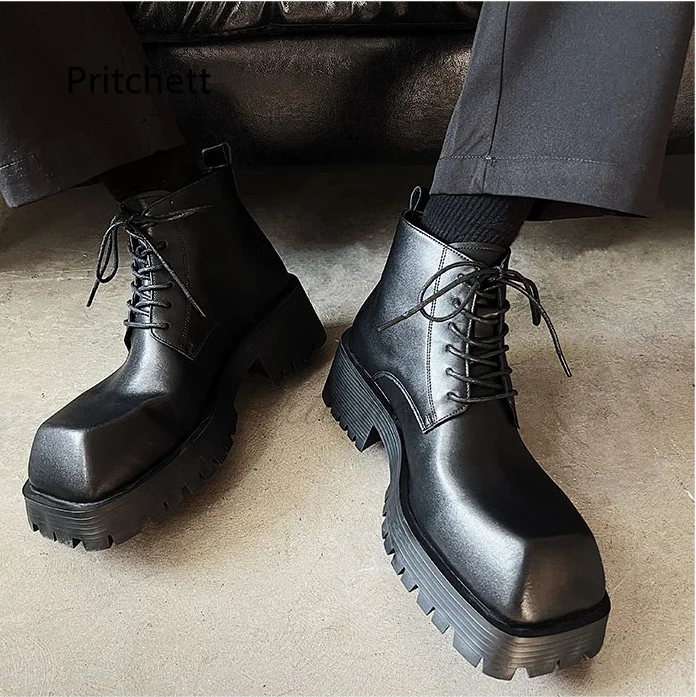 Sapatos de trabalho de toe quadrado preto, botas de motocicleta masculinas, fundo grosso, botas de tornozelo femininas, sapatos com renda para homens, estilo britânico