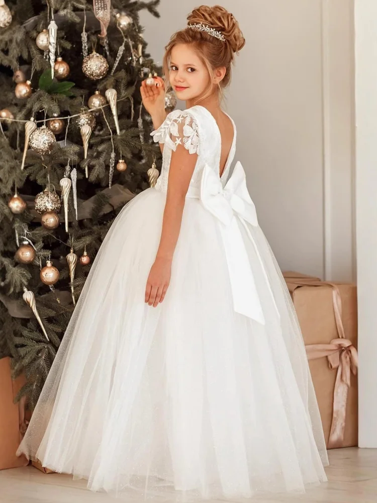 Customized Flower Girl Dress Ivory Tulle Floral Appliques With Bow For Wedding Birthday Party Prom Evening Holy Communion Gown