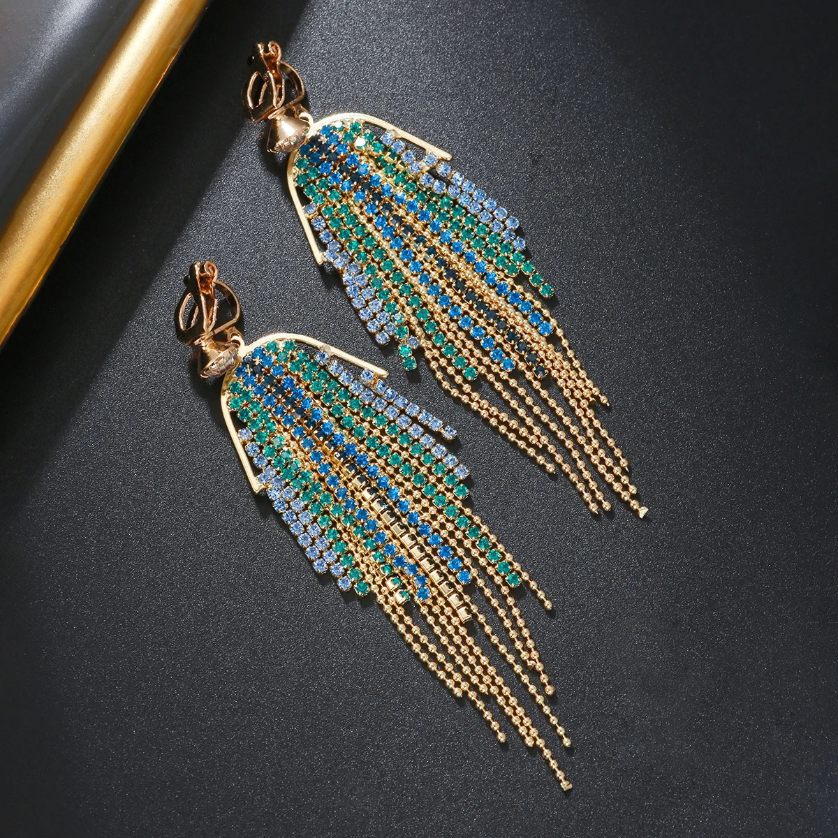 New Exaggerated Rhinestone Tassel Clip Earrings for Women Party Wedding Statement Jewelry Long Non Pierced Earings Gifts