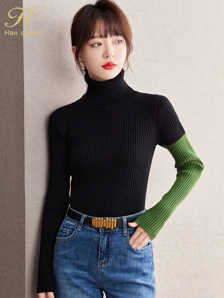 H Han Queen Autumn Winter Turtleneck Sweater Knitwear Fashion Women Vintage Tops Simple Korean Loose Casual Long Sleeve Pullover