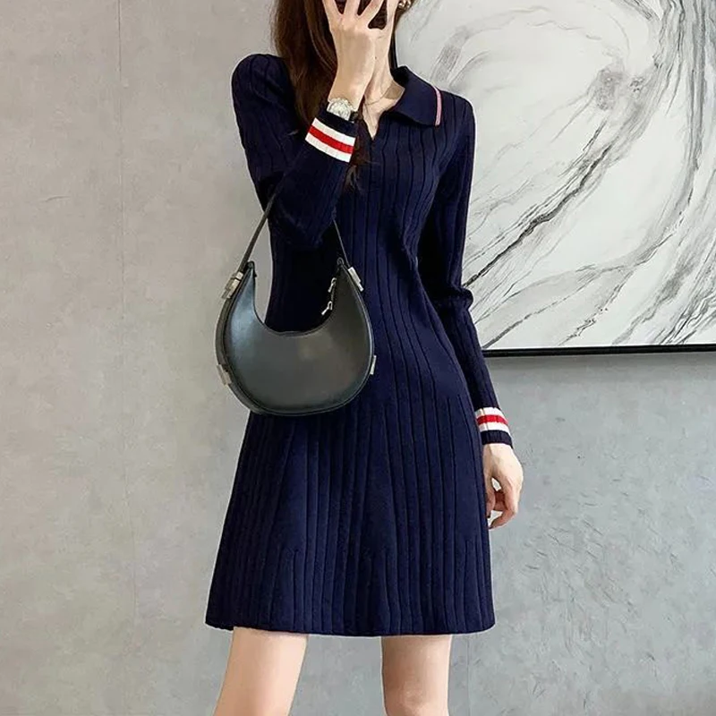 Korean Fashion Striped Patchwork Elegant Chic Knitted Dresses for Women Casual Polo Collar Long Sleeve Slim Mini Dress Vestidos