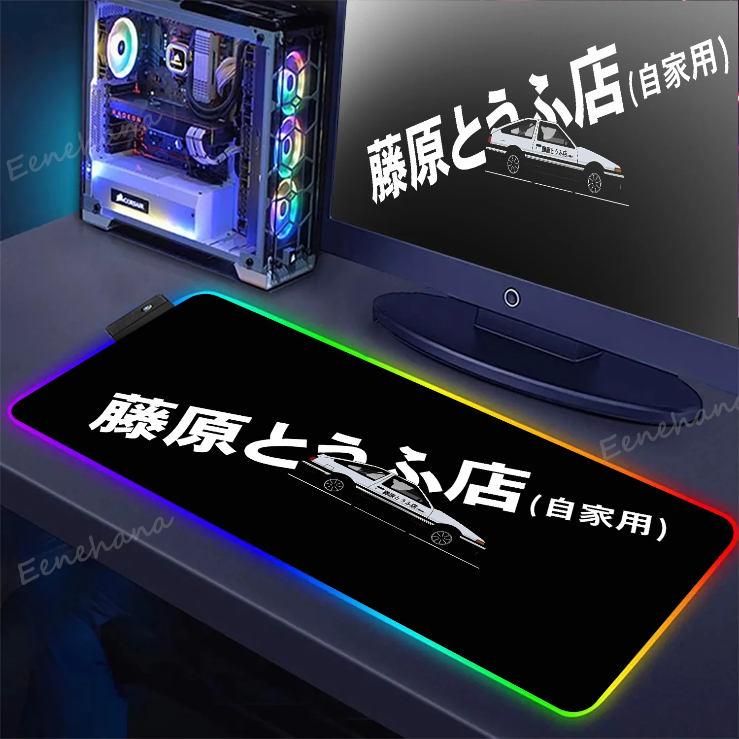 Imagem -02 - Anime Gaming Led Table Mat Impressão hd Inicial d Grande Rgb Mousepad Preto e Branco pc Keyboard Pad Ae86 1000x500 mm