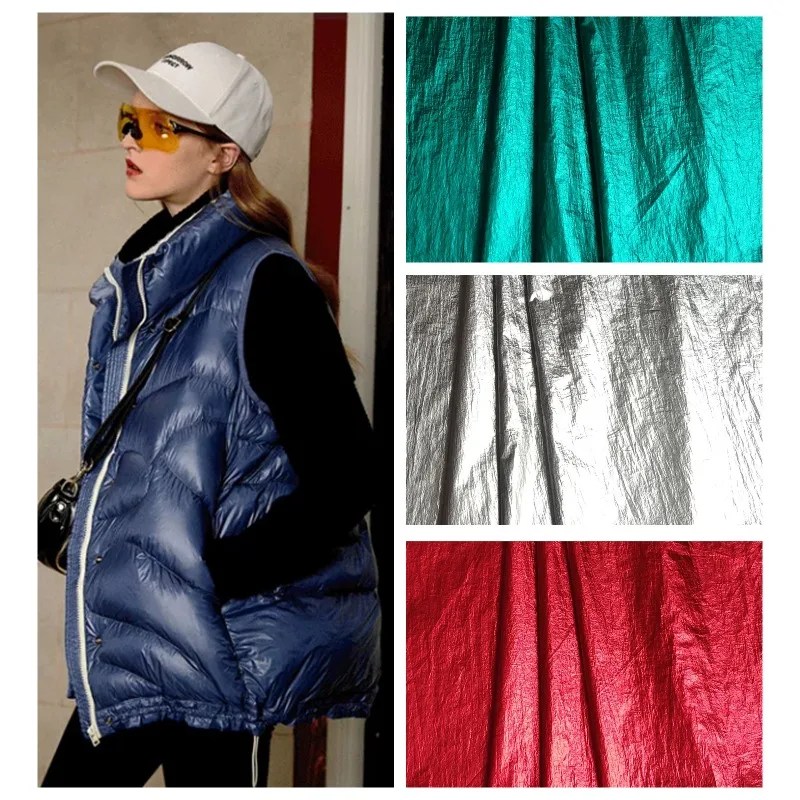 Crepe Hot Stamping Glossy Down Jacket Fabric By The Meter for Clothing Jacket Pants Vest DIY Sewing Waterproof Cloth Silvery Red