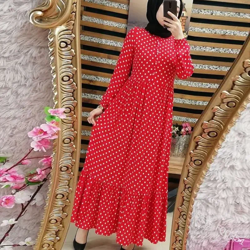 Abaya Trend Printed Muslim Dress Polka Dot Maxi Dress Women Long Sleeve High Waist Big Swing Loose and Elegant Islamic Clothing