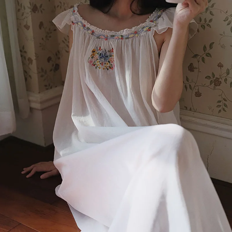 Original Design Transparent Beautiful French Hand Embroidered Sweet Nightgown 100% Cotton Outside Summer Sleepwear view 5