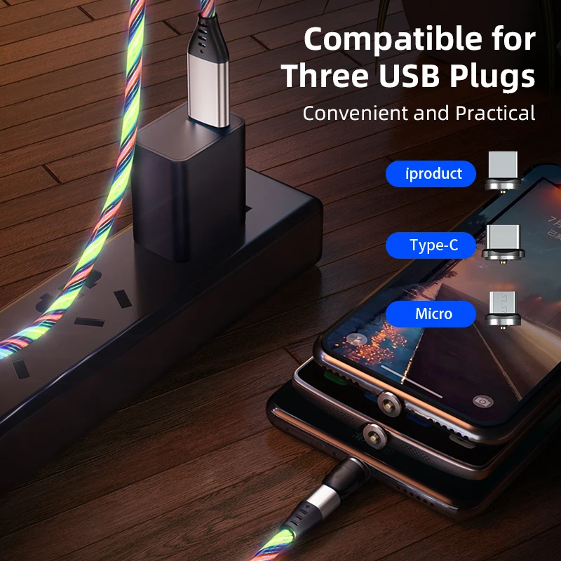 3 في 1 مع ضوء ليد مغناطيسي ، شحن سريع ، كابل تدوير ، مايكرو يو إس بي سي ، اي فون ، وسامسونج