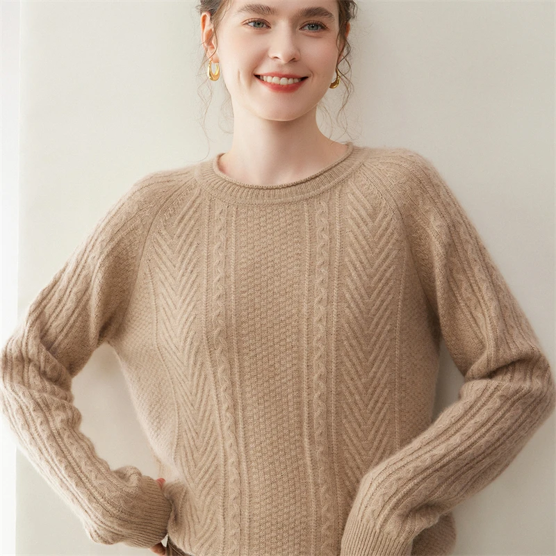 Nieuwe Chic Vrouwen 100% Kasjmier Trui Kabel Breien Krul O-hals Lange Mouw Trui Herfst Winter Dikke Zachte Kleding Tops