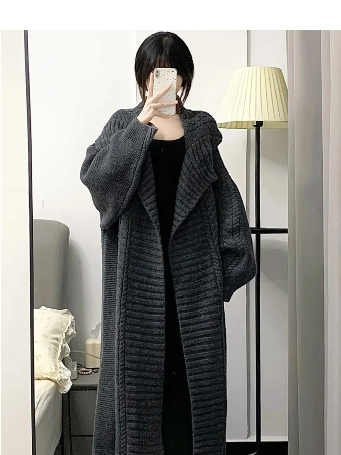 4 Color Autumn Winter Big Turn-down Neck Thick Warm Cardigan Knitwear Women Mohair Striped Knitted Long Coat Loose Poncho Trench