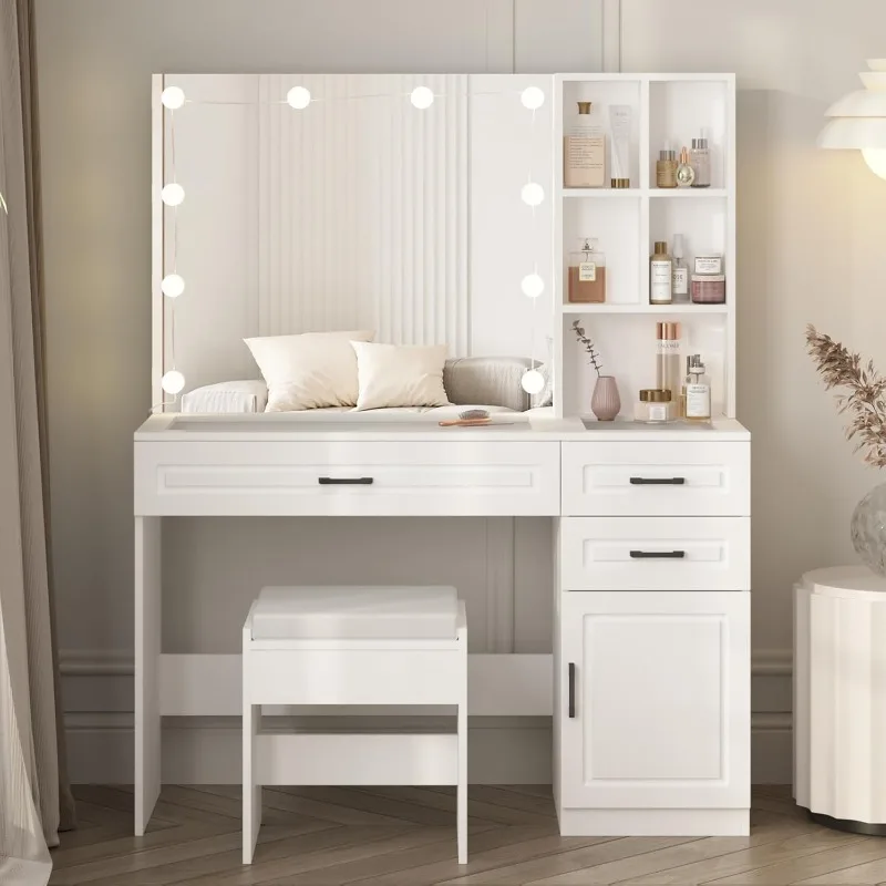 Vanity Desk Set with Lights and Mirror,Makeup Desk with 3 Drawers & Storage Cabinet & Shelves,Glass Top Vanity Table Set