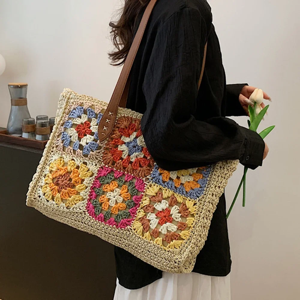 

Bohemian Flower Crochet Tote Travel Straw Women Shoulder Bag Summer Hollow Woven Handbags Paper Rope Beach Bags for Women 2024