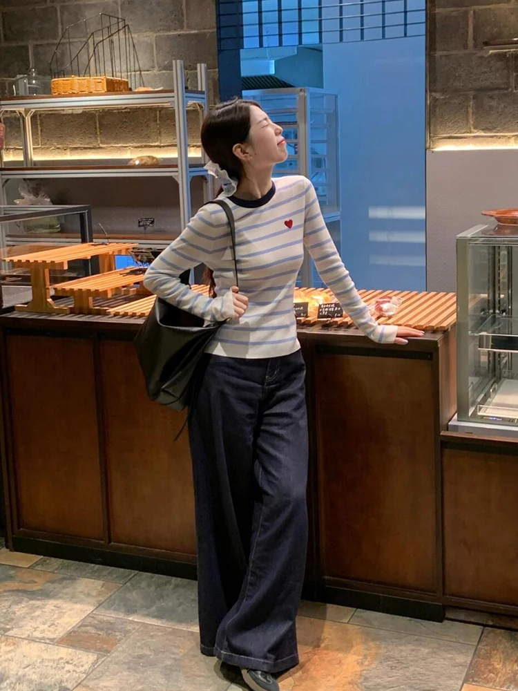 

American Retro Striped Sweater Women's Autumn Winter Slim Fit High End Lazy Sle Base Layer Knitted Top Sweet Sle Knitwear