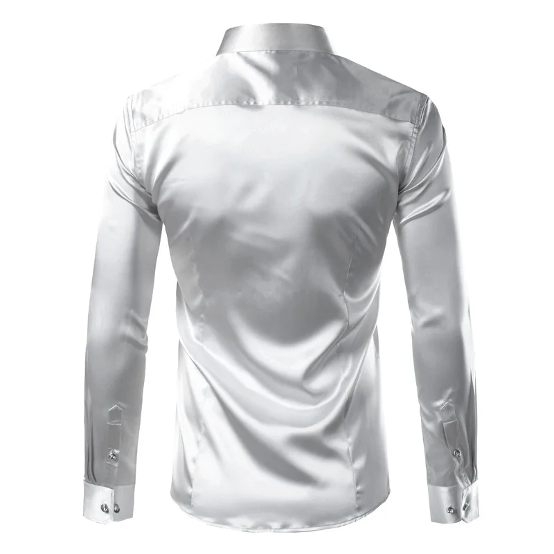 Chemise en Soie pour Homme, Vêtement en Satin Lisse, Tenue Solide, Ensemble Décontracté, Slim Fit, Couleur Or brillant, Complément de Marié, 2022