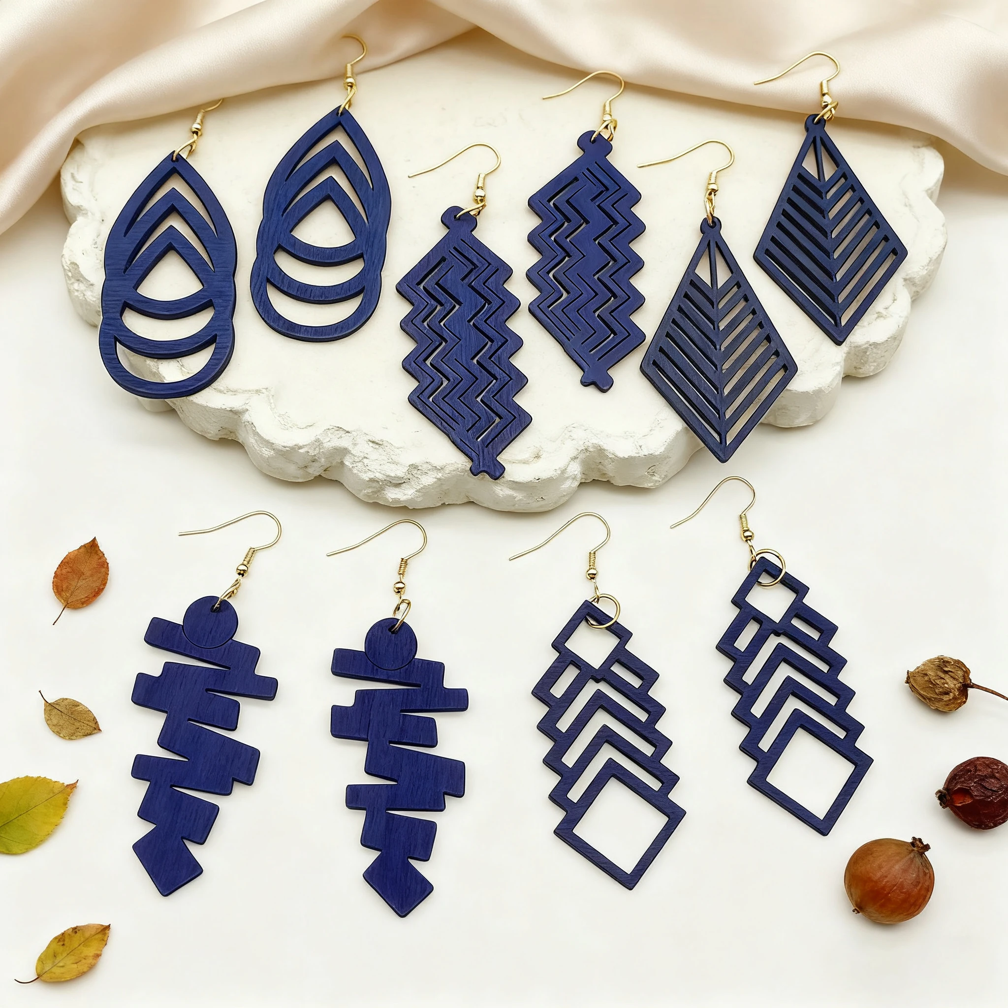A Set of 5 Pairs of Geometric Hollow Earrings The Blue Wooden Earrings Are Designed as Girls' Earrings and Are Suitable for [Something - the Sentence Is Incomplete].