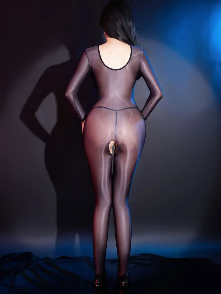 Combinaison Sexy brillante à l'huile pour femmes, élastique, transparente, entrejambe ouvert, body exotique, vêtements de mise en forme, serrés moulants, Clubwear