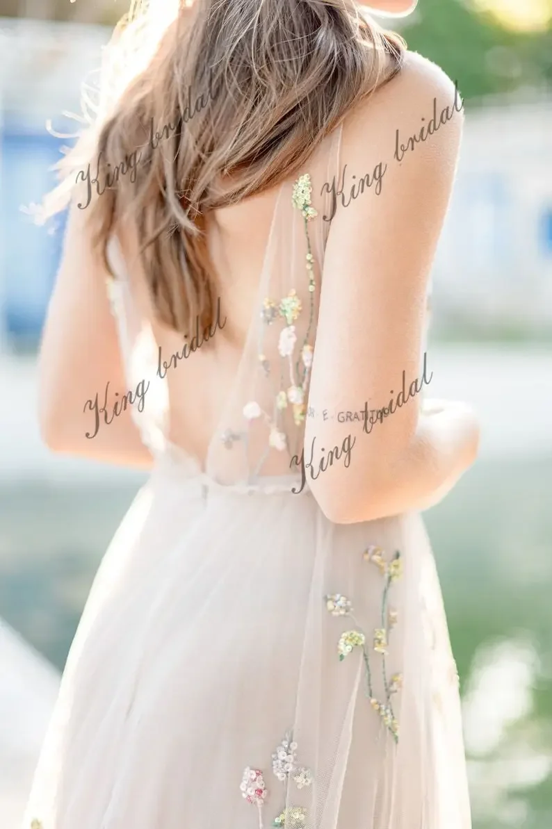 Vestido de novia sencillo, vestido de novia bohemio con hendidura, bordado a mano, sin mangas, espalda abierta, vestido de novia Beige