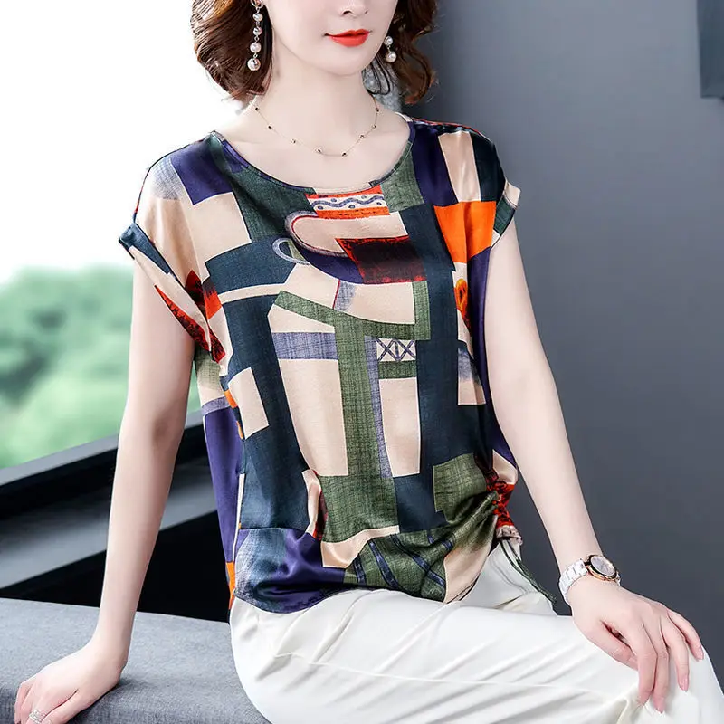 Fashion Contrasting Colors Spliced Printed T-shirt Summer Casual Shirring Female Clothing Loose O-Neck Short Sleeve Pullovers