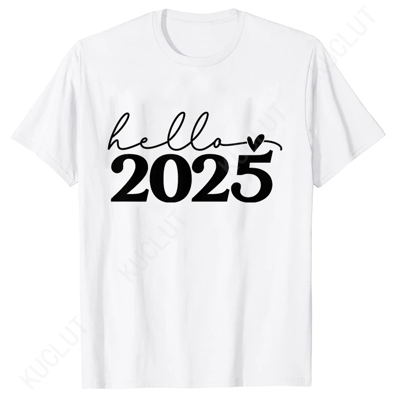 Hello 2025 T-shirty damskie z nadrukiem Moda Casual Ubrania z krótkim rękawem Śmieszne Nowy Rok Kobieta Topy Xmas Holiday Party Prezenty Tees