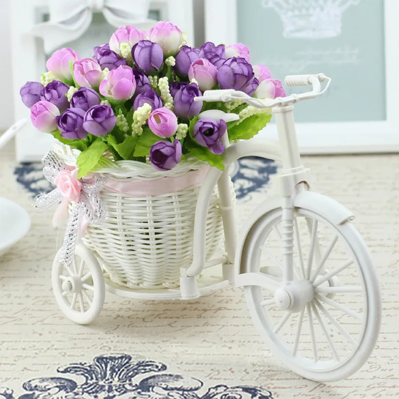 Bike Design Basket Rattan Tricycle Bike Flower Basket Vase Storage Garden Wedding Party Decoration Bedroom Artificial Flowers