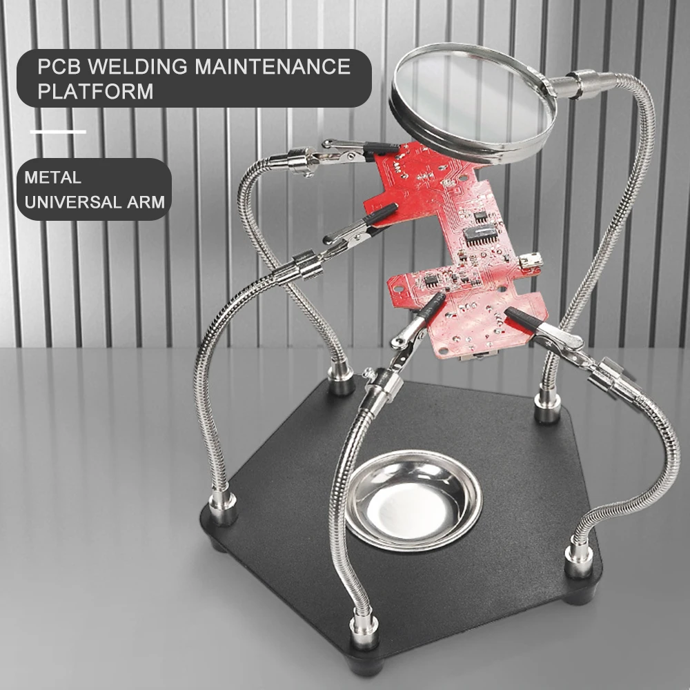 Welding Soldering Magnifier with PCB Holder Flexible Metal Arms Helping Hands for Welding Station Desktop Magnifying Tool