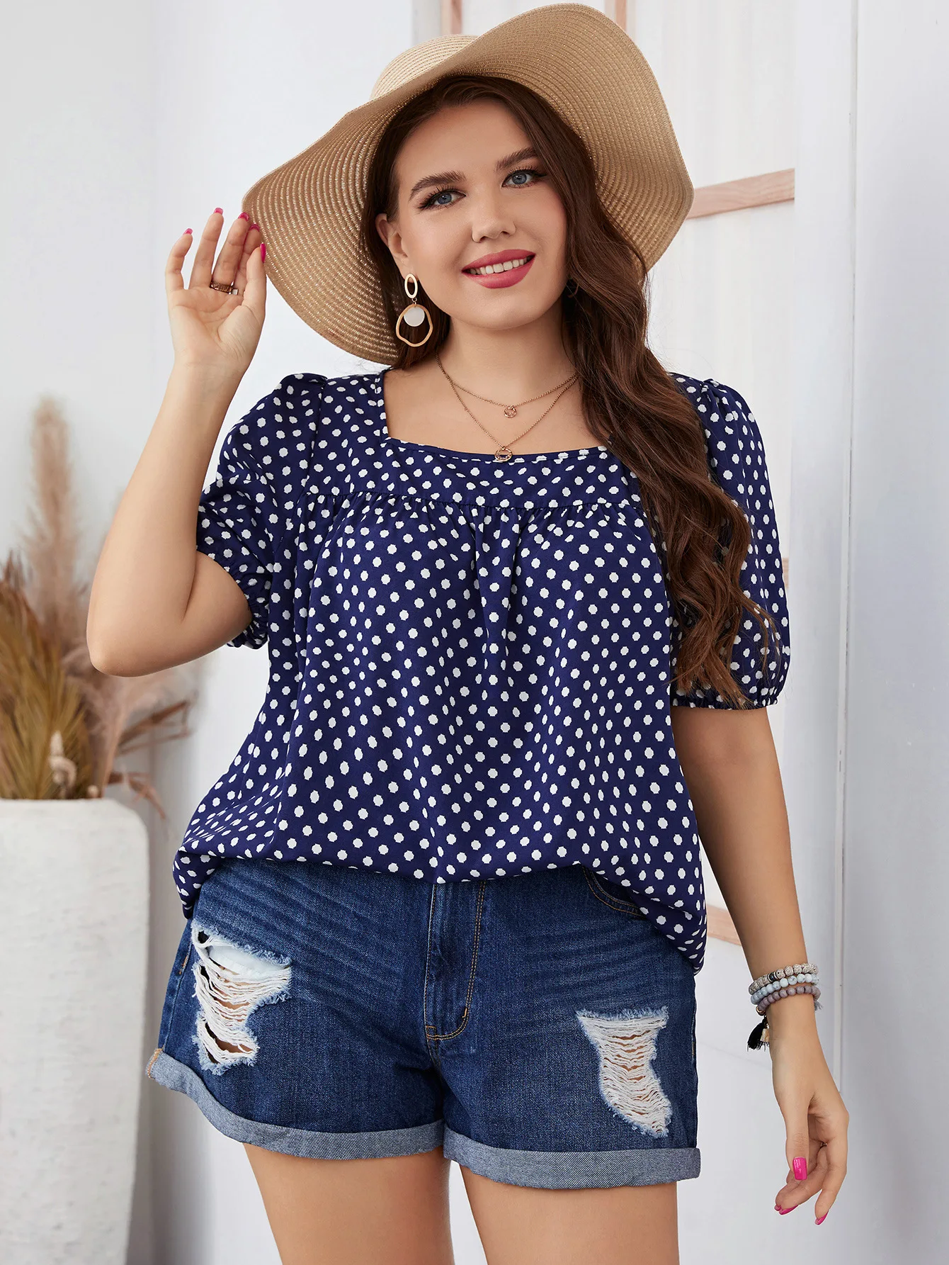 Blus kotak-kotak leher bulat wanita, blus Polka Dot kasual ukuran besar, elegan dan pemuda musim panas lengan pendek katun Tee gratis pengiriman