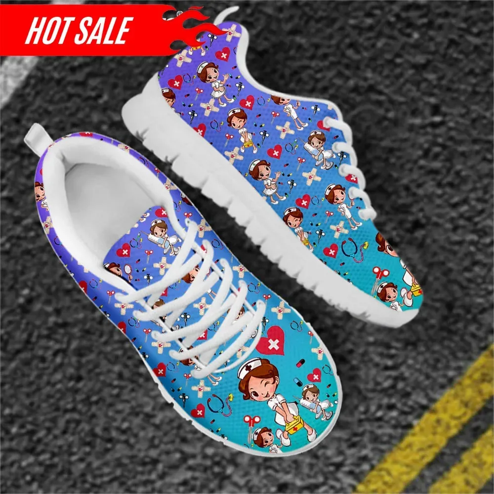 

Cartoon Nurse Sneakers Brand Gradient Design Nursing Shoes Flats for Womens Lace Up Mesh Footwear Zapatillas Mujer