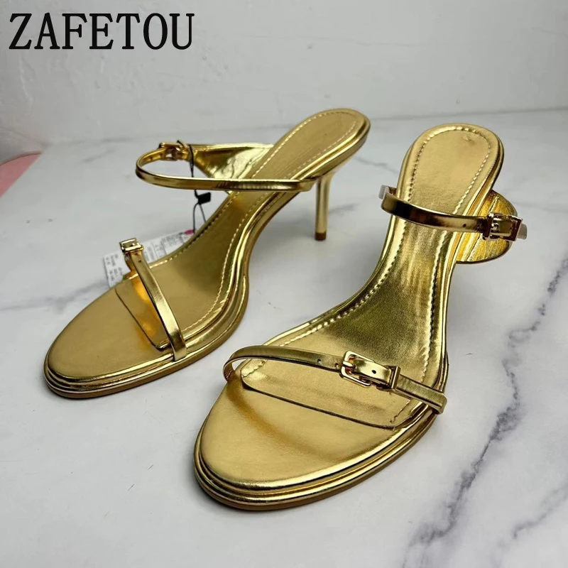 Zafetou Shoes Women 2024 Summer New Collection Golden Round Toe High Heels With Exposed Toes Fine Heeled Empty Women's Sandals