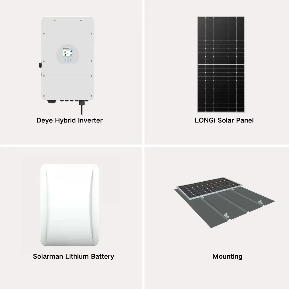 20KW Deye الهجين العاكس نظام الطاقة الشمسية LONGi لوحة طاقة شمسية Nuovolt Lifepo4 ليثيوم أيون المنزل استخدام مجموعة اللوحة الشمسية MPPT IP65