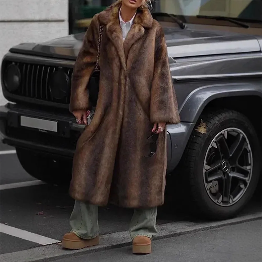 Chaqueta larga de piel sintética, abrigo a prueba de viento para mujer, abrigo de piel Artificial esponjoso, abrigo de piel de visón de lujo para mujer, abrigo Vintage para mujer