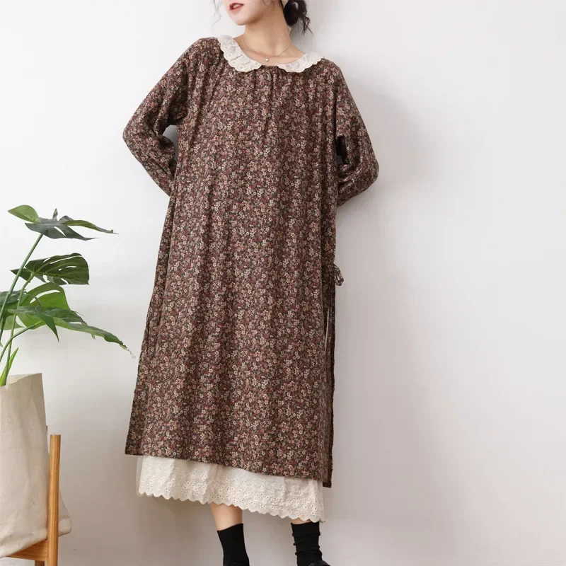 Classical Vintage Mori Girl Cotton Loose Waist Fake Two Pieces Long Sleeve Midi Dress Fall Cottage Gypsy Sweet Lace Collar Dress