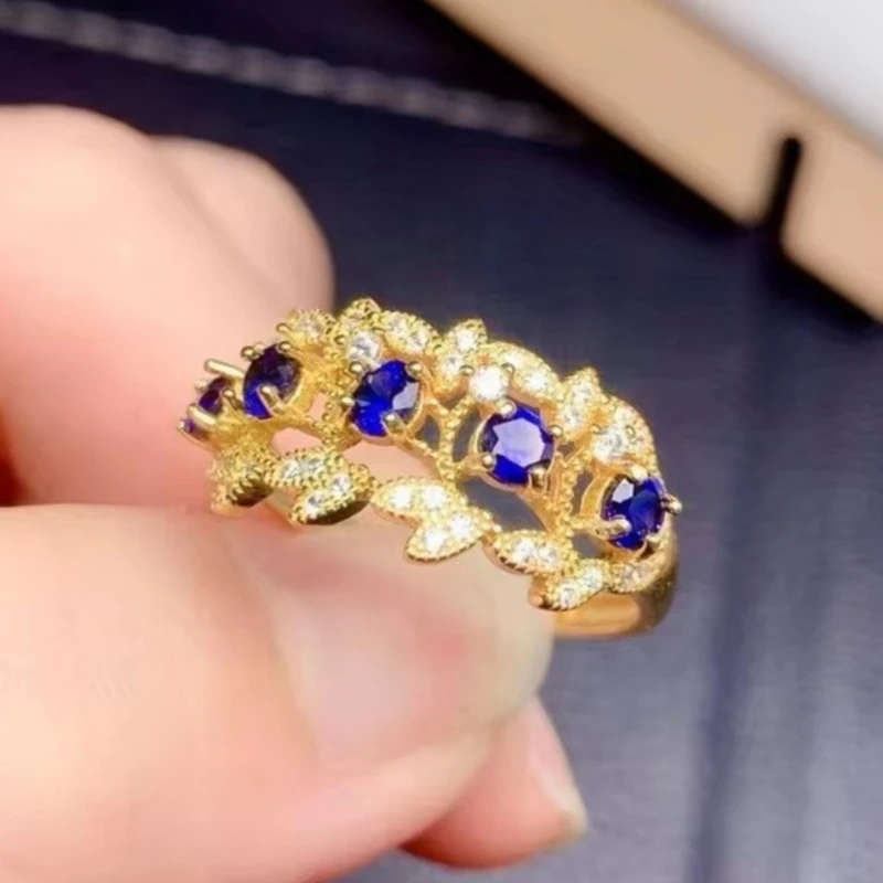 

925 Pure Silver Chinese Style Natural Sapphire Women's Luxury Noble Round Plant Adjustable Gem Ring Fine Jewelry Support Detecti