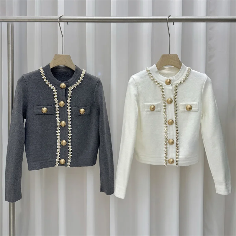 

Cardigan for women New elastic knitted slim long sleeved top for winter 2025 Metal button decoration round neck women's sweater