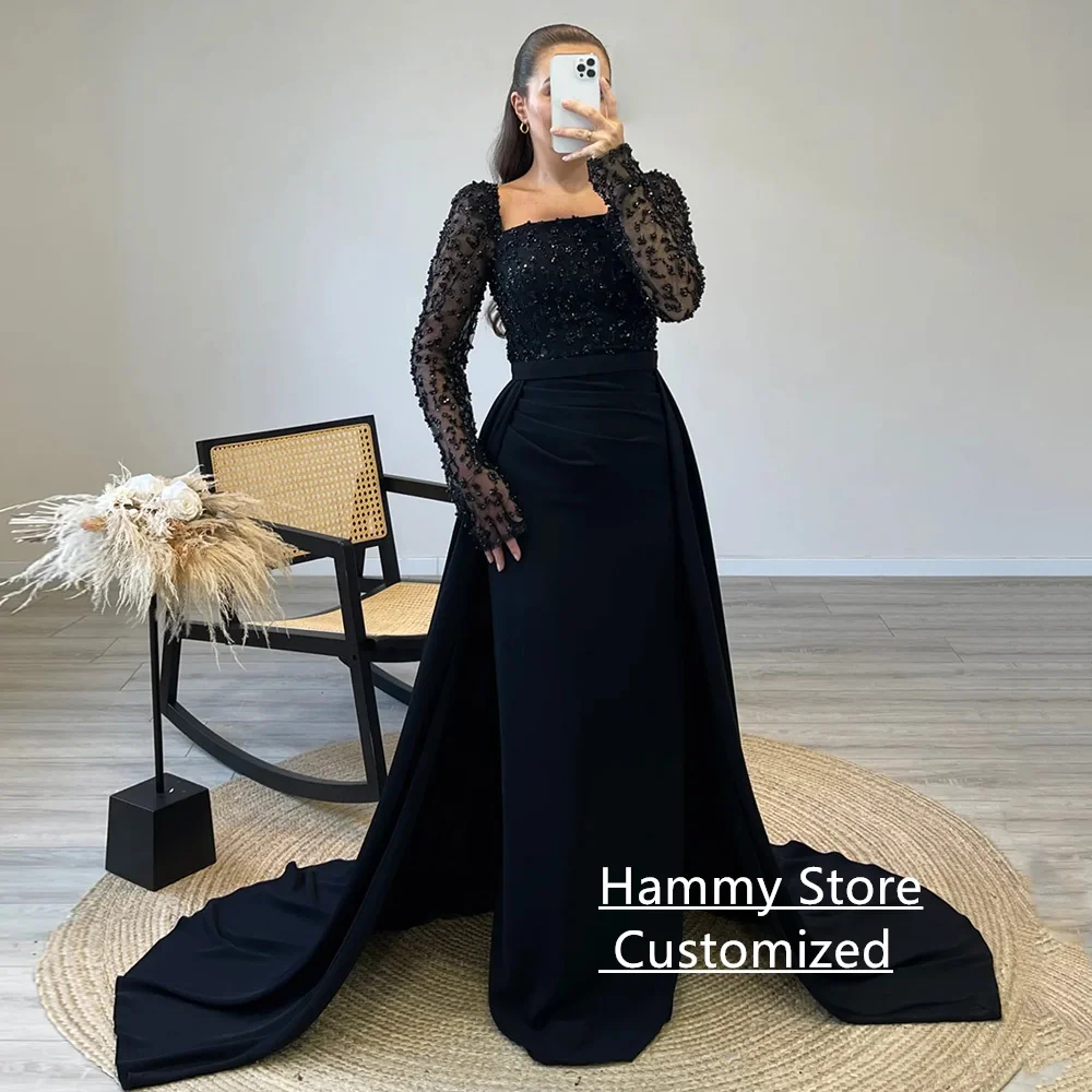 Funkelndes marineblaues Abendkleid, maßgeschneidert, quadratischer Ausschnitt, lange Ärmel, Perlenstickerei, gerades Abendkleid, formelle Partykleider