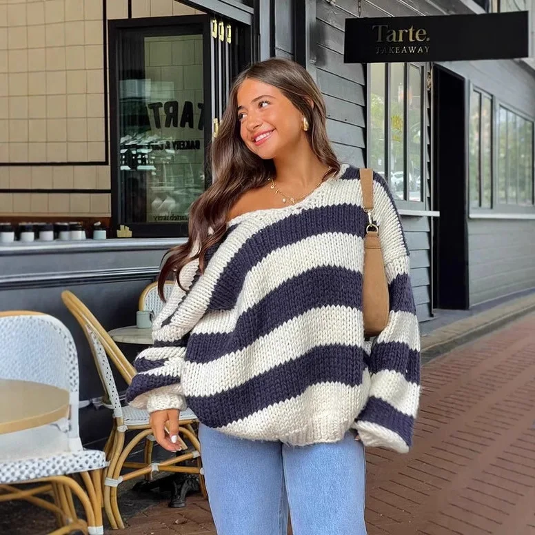 

Unique Design Daily Wear Top Fashion Casual Loose Knit Sweater Asymmetrical Shoulder Dopamine Stripe for Women