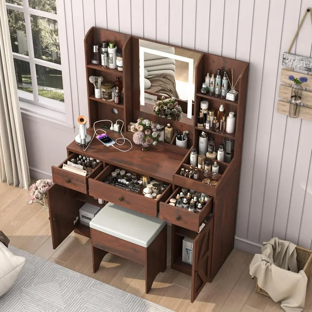

zz Dressing Table with Mirror and Lighting, LED Dressing Table with Socket, Drawer Cabinet, Storage Rack