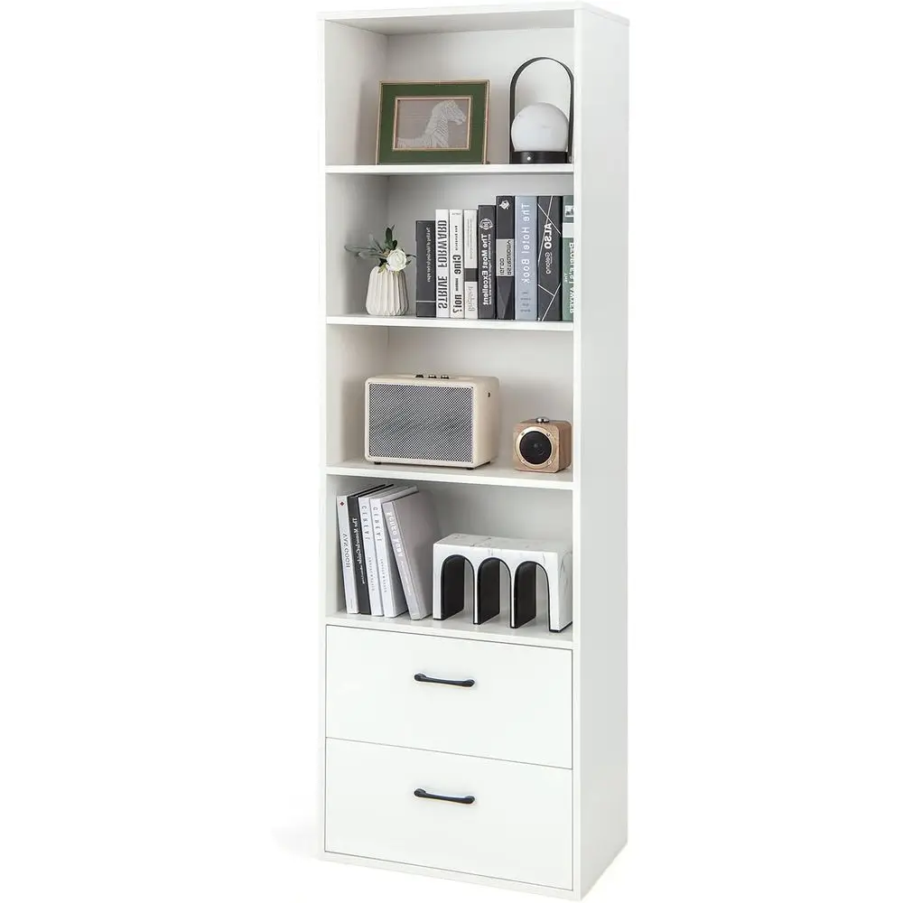 

74 Tall 6-Tier Bookcase with 2 Doors & 4 Shelves, White Wooden Storage Cabinet for Living Room or Home Office