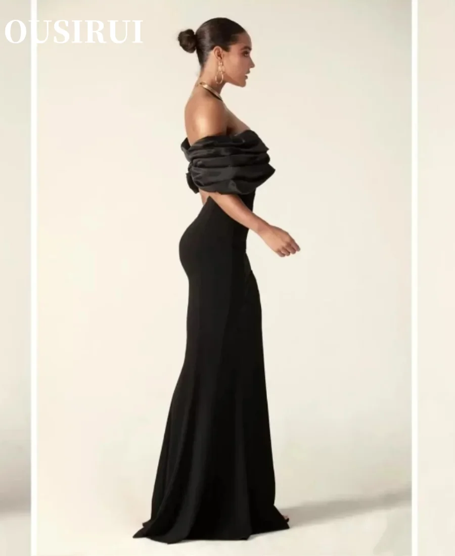 Prom Party Gowns Satin High Slit Off Shoulder Robe de soiree Floor Length 2024 New Split Black Formal Evening Dresses Celebrity