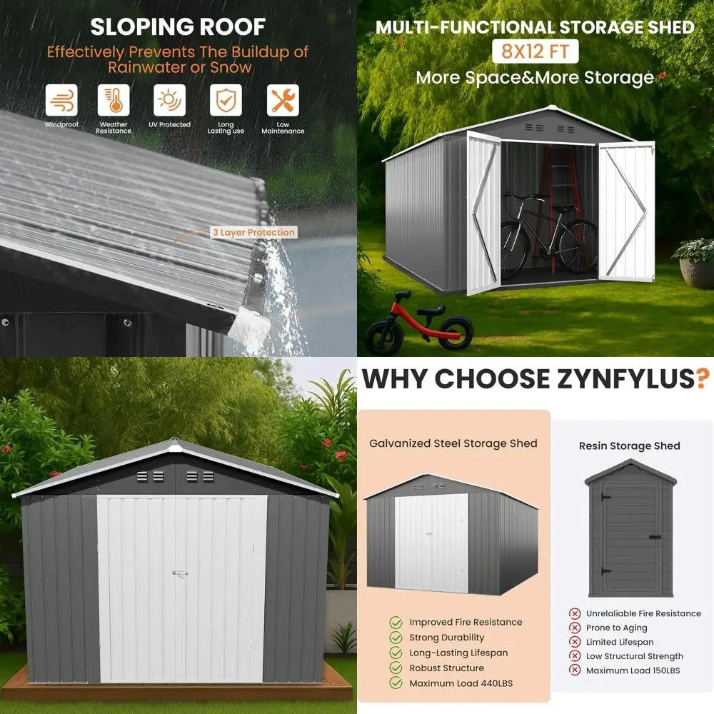 

Светло-серый металлический навес для хранения на открытом воздухе 8x12 с двойными запираемыми дверями, водонепроницаемый для использования в саду, заднем дворе, бассейне и патио