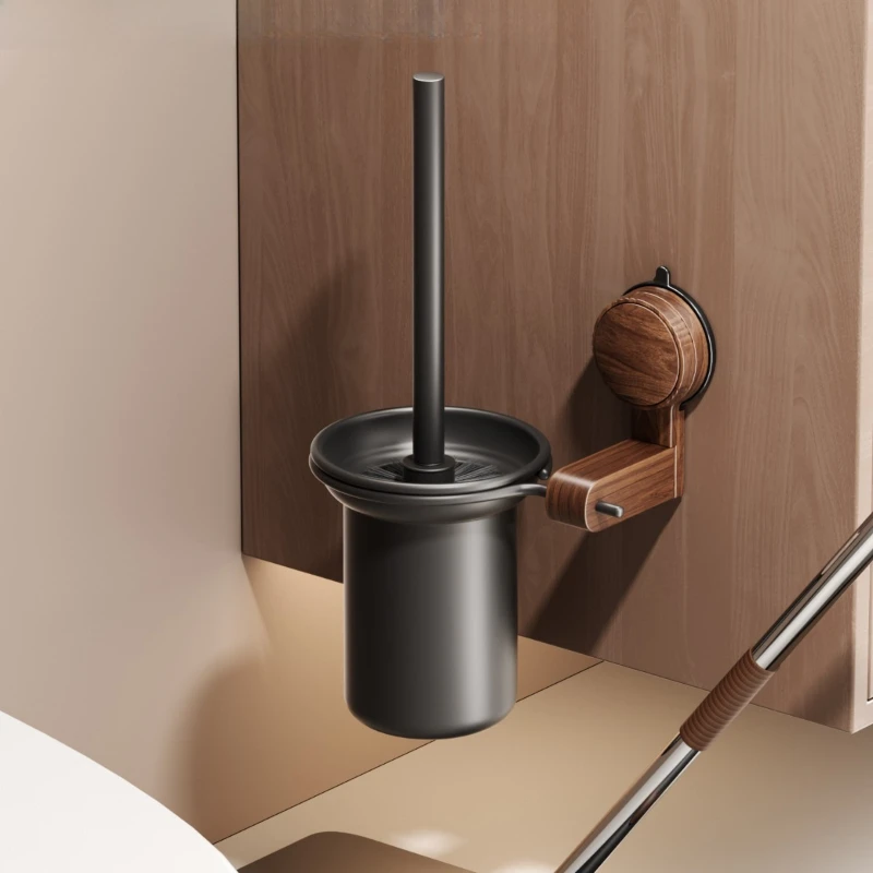 Walnut Suction Cup Toilet Brush No Drilling Required Bathroom Household Dead Angle Toilet Brush Wall-Mounted Storage Shelf