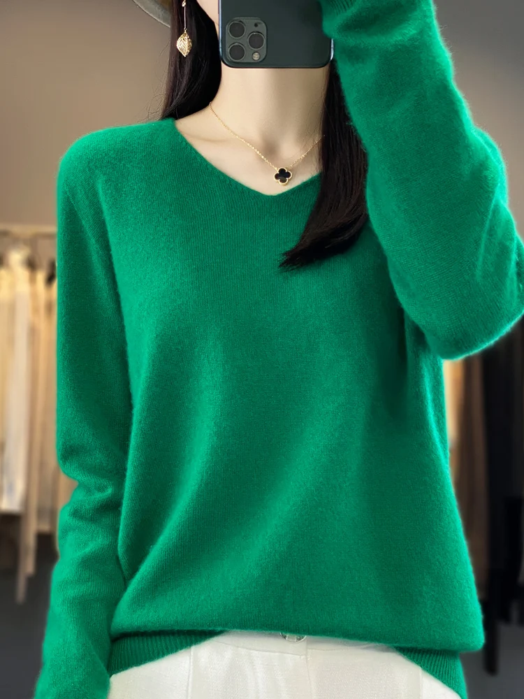 Autumn Winter Women Clothing Pullovers Aliselect New Fashion 100% Merino Wool Sweater V-Neck Long Sleeve Quality Knitwears Tops